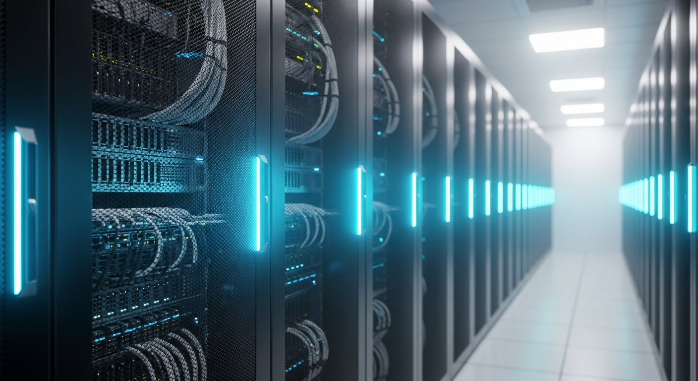 A cinematic photograph of a modern server room with subtle blue and teal LED lighting on the hardware racks, representing the high-tech infrastructure and AI processing power that drives modern search engine recommendations.