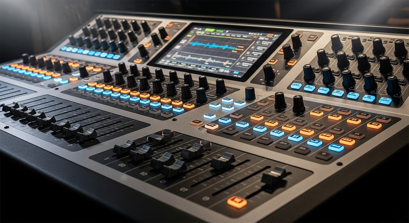 A professional photograph of a high-end digital mixing console with many sliders and glowing LEDs. This symbolizes the MultiCasting process, where one core content asset is expertly controlled and distributed across 300+ platforms in 8 different formats.