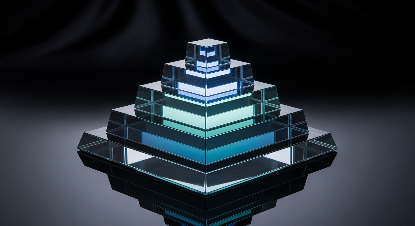 A professional studio photograph of a sleek, modern glass pyramid sculpture. The levels are illuminated with blue and teal light, representing the Roofing Visibility Pyramid: Website Trust Signals at the base, Local SEO in the middle, and AI Search Visibility at the peak.