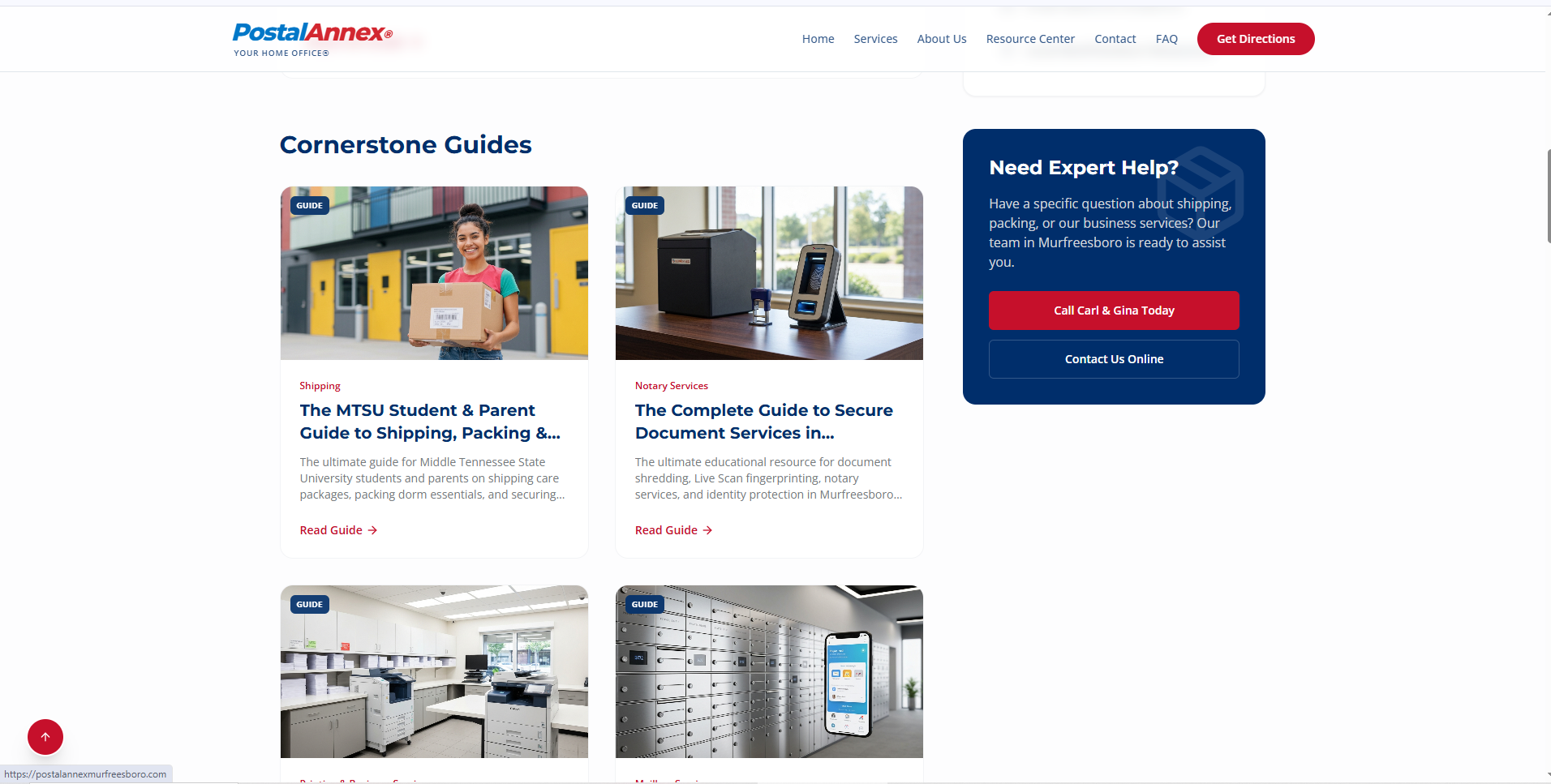 A screenshot of the PostalAnnex Murfreesboro Learning Center, featuring a series of authoritative cornerstone guides that answer common customer questions and build topical authority in the shipping and business services niche.