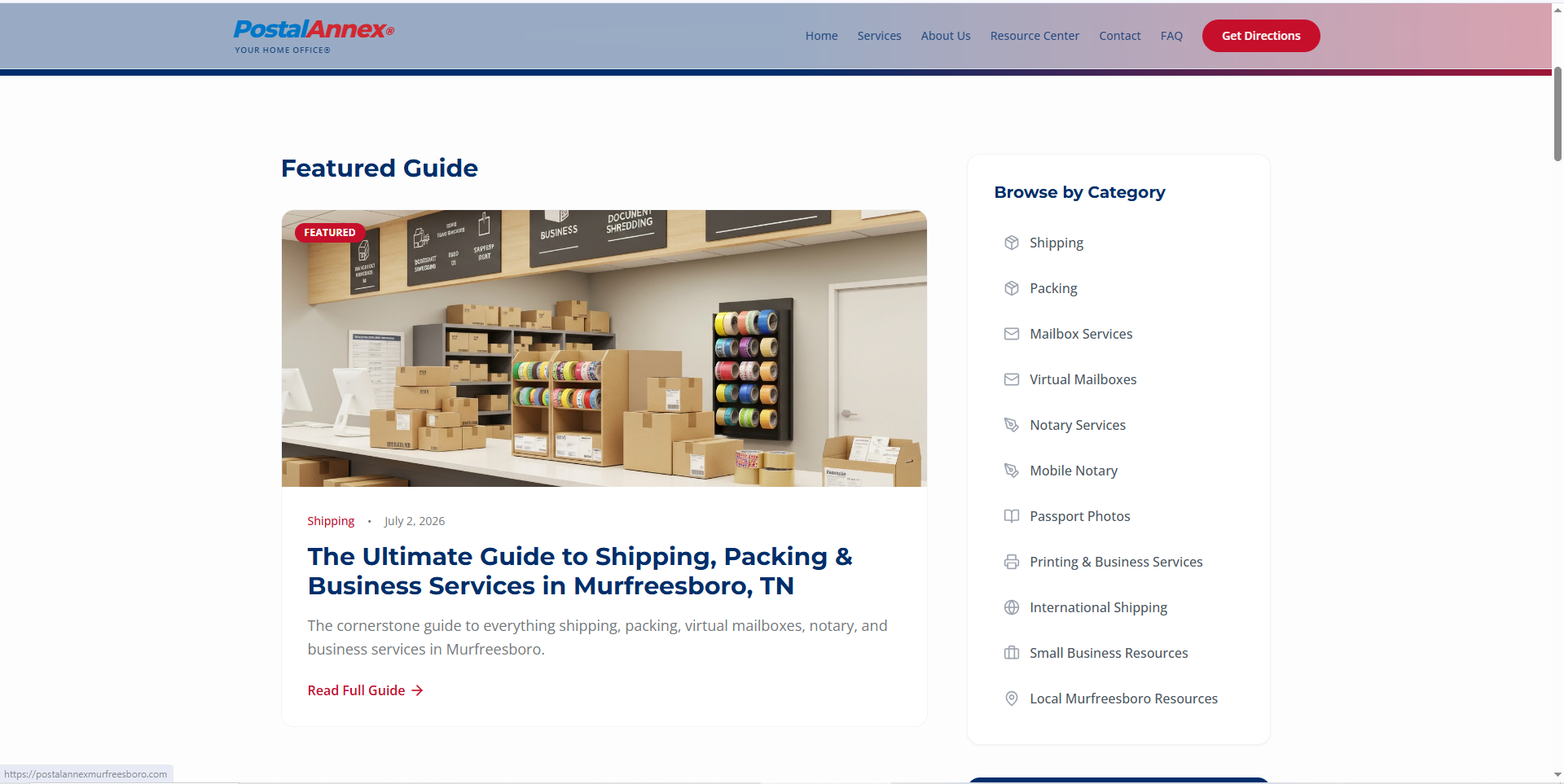 A screenshot of the PostalAnnex Murfreesboro Cornerstone Guides, showcasing how the website provides deep educational value to visitors while establishing entity authority.