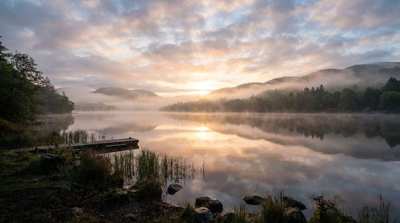 Serene sunrise over a misty lake, representing burnout recovery and renewal