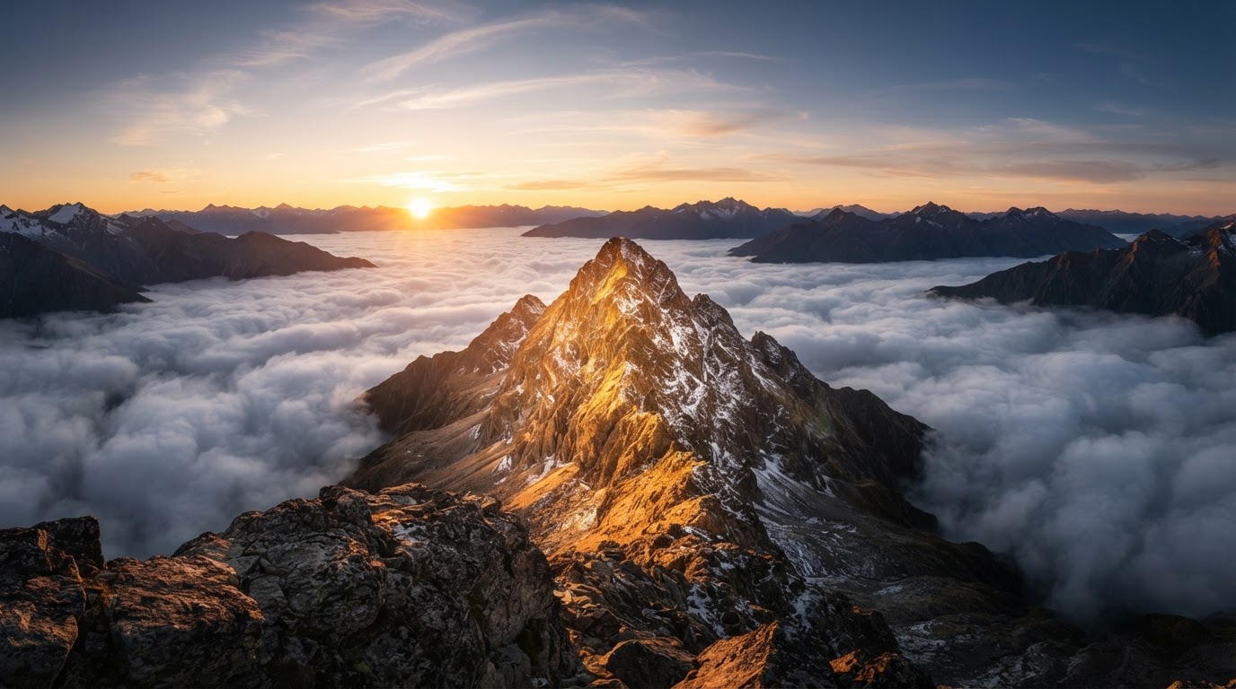 Mountain peak bathed in radiant golden sunrise above a sea of clouds, representing personal transformation and magnetic leadership