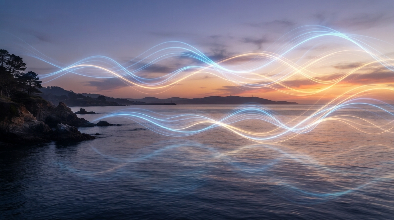 Soft glowing light waves over a calm ocean at dusk, representing harmonic frequencies and nervous system healing