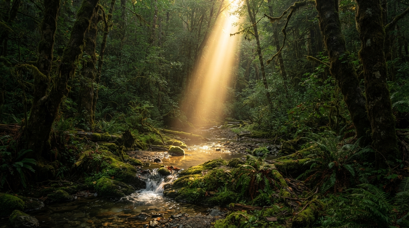 Golden beam of sunlight through a forest canopy, representing authentic inner light and magnetism