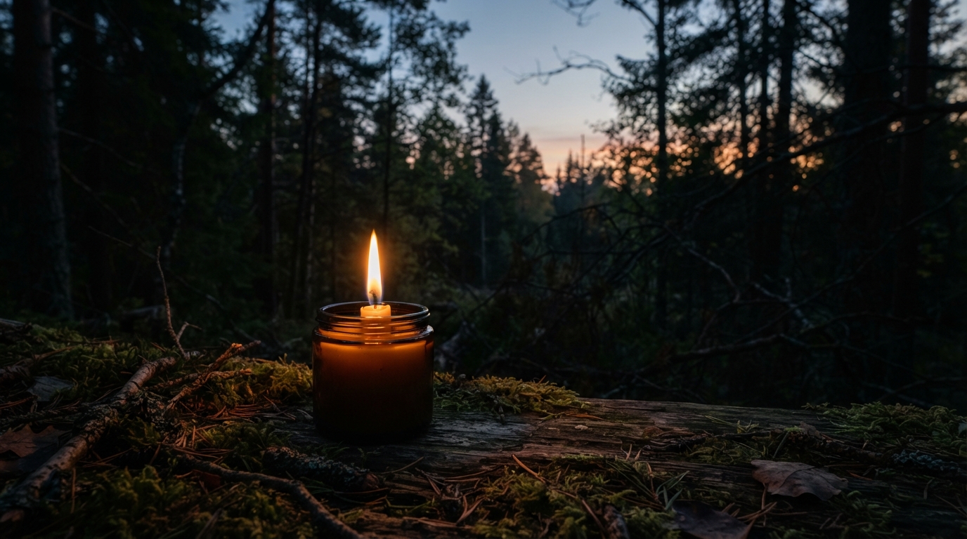 A single candle flame glowing beside a quiet forest at dawn, representing reigniting a lost spark