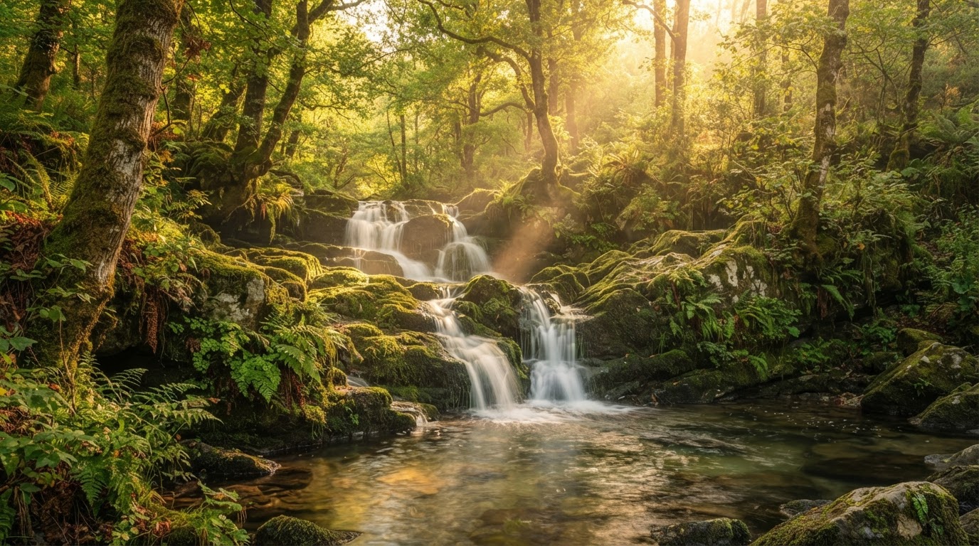 A serene waterfall cascading over moss-covered rocks in a sunlit forest, representing deep self-care and renewal