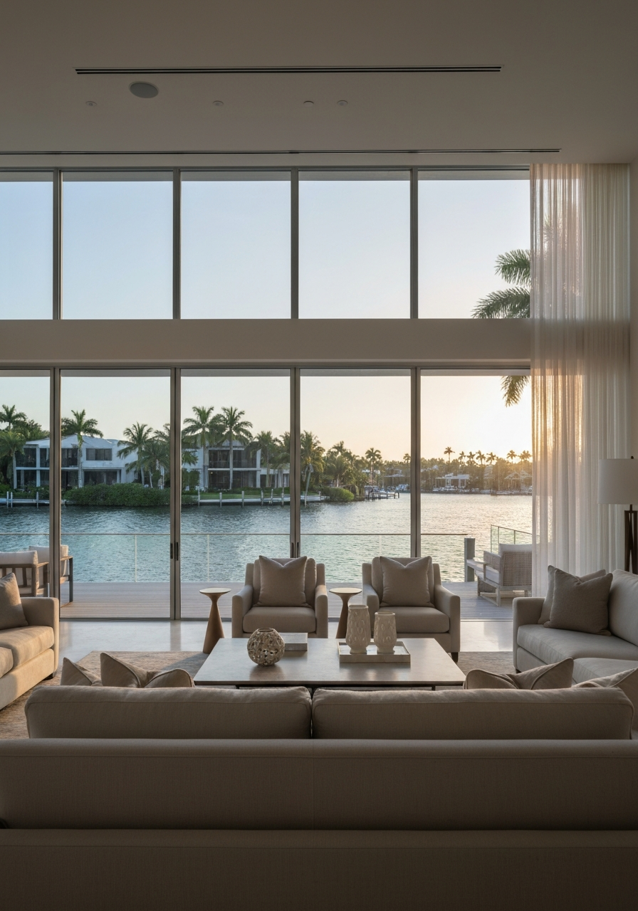 Luxury interior with clean windows overlooking water