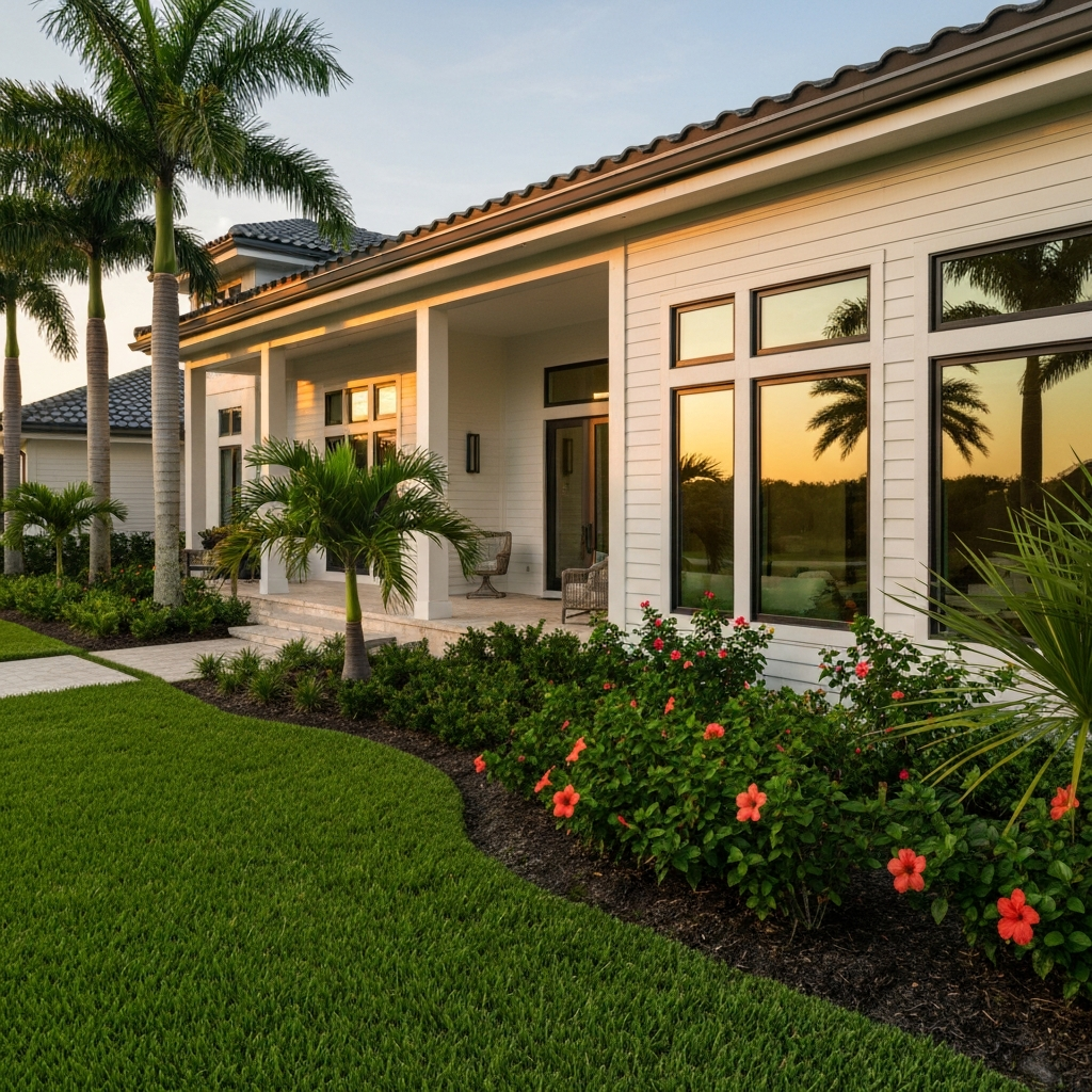 Beautiful 1-story luxury home exterior in Naples with sparkling clean windows
