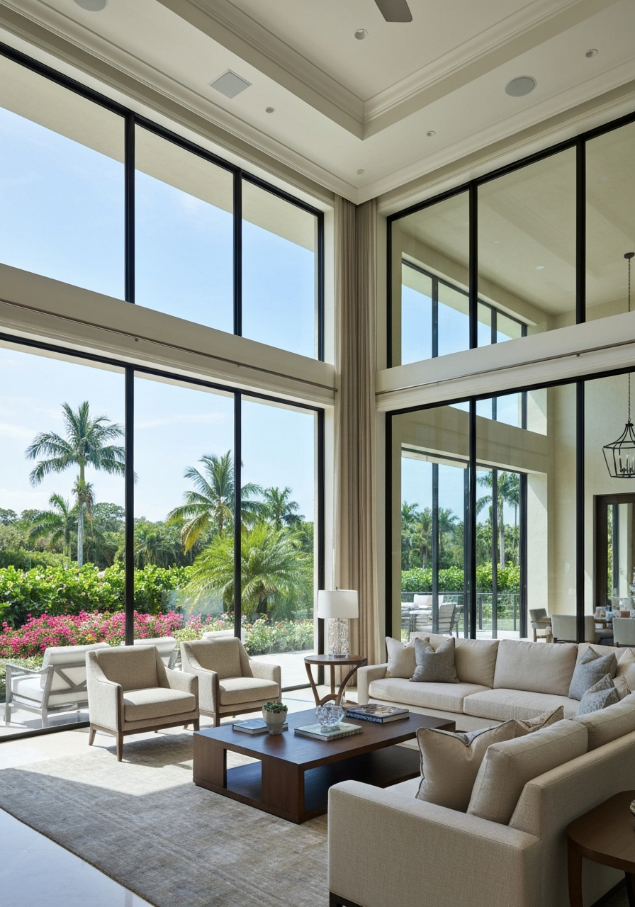 Luxury home living room with expansive windows and beautiful views