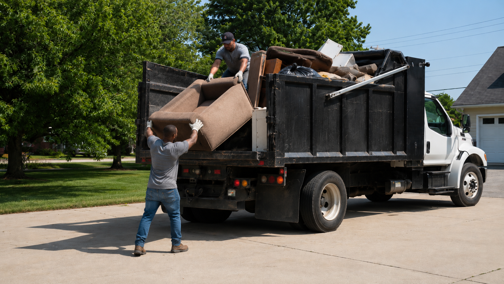 Professional junk removal crew loading a truck