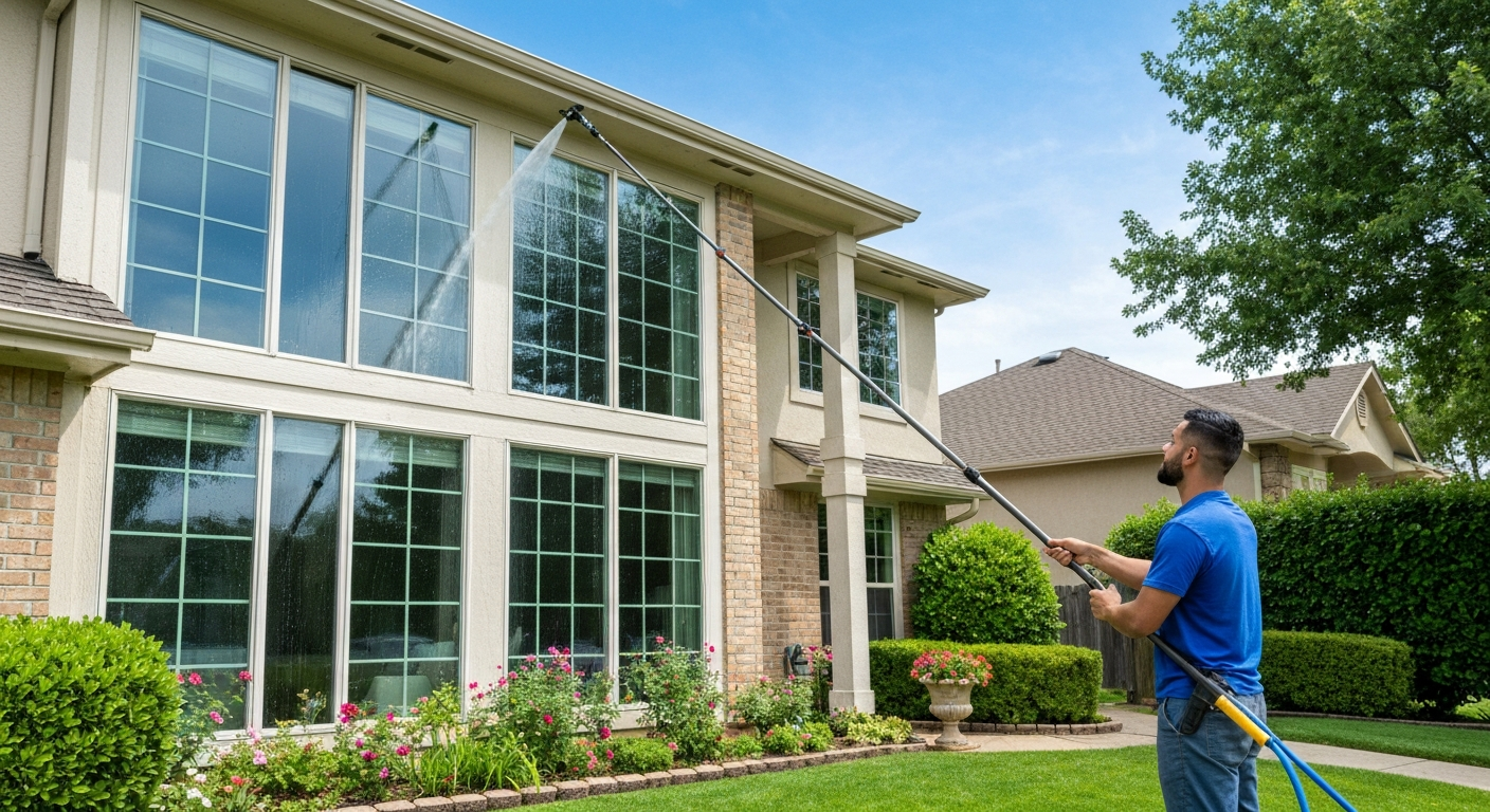 Professional window cleaning with a water-fed pole in Visalia