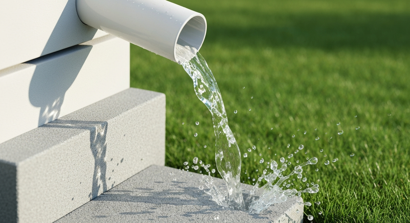 Clear water flowing freely from a clean white downspout