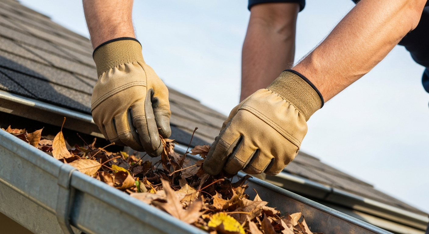 Removing leaves from a residential roof gutter in Visalia
