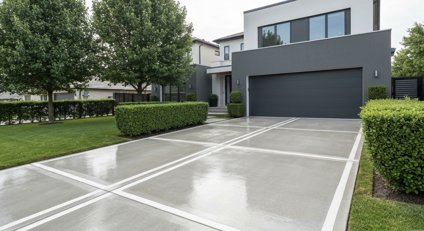 Clean driveway leading to a modern home