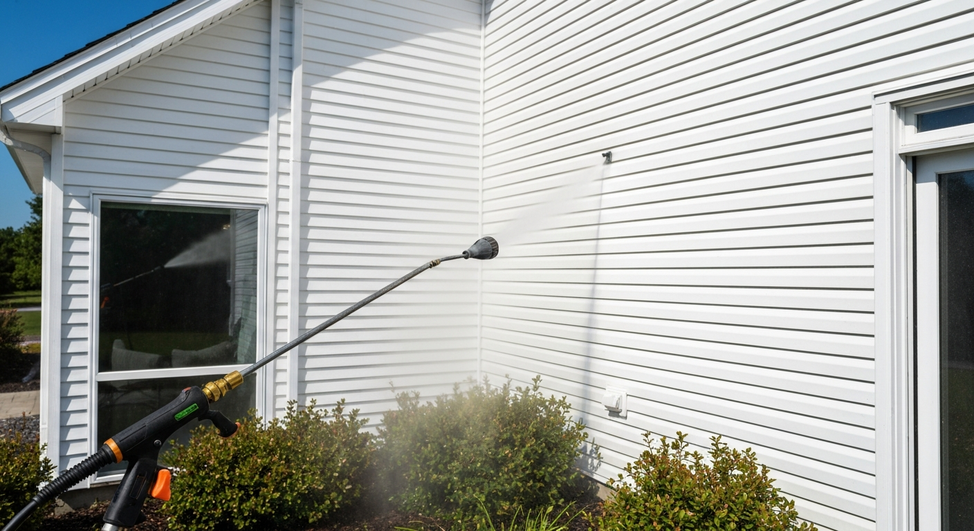 Soft washing equipment cleaning siding in Visalia