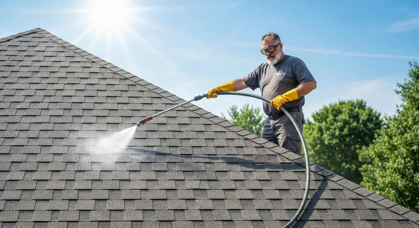 Professional roof soft washing process in Visalia