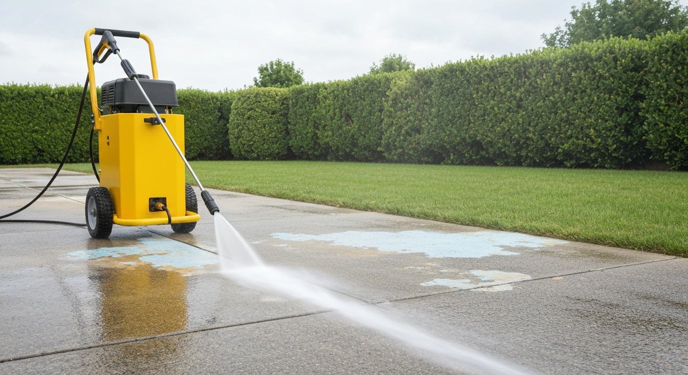 Professional surface cleaner machine on a Visalia driveway