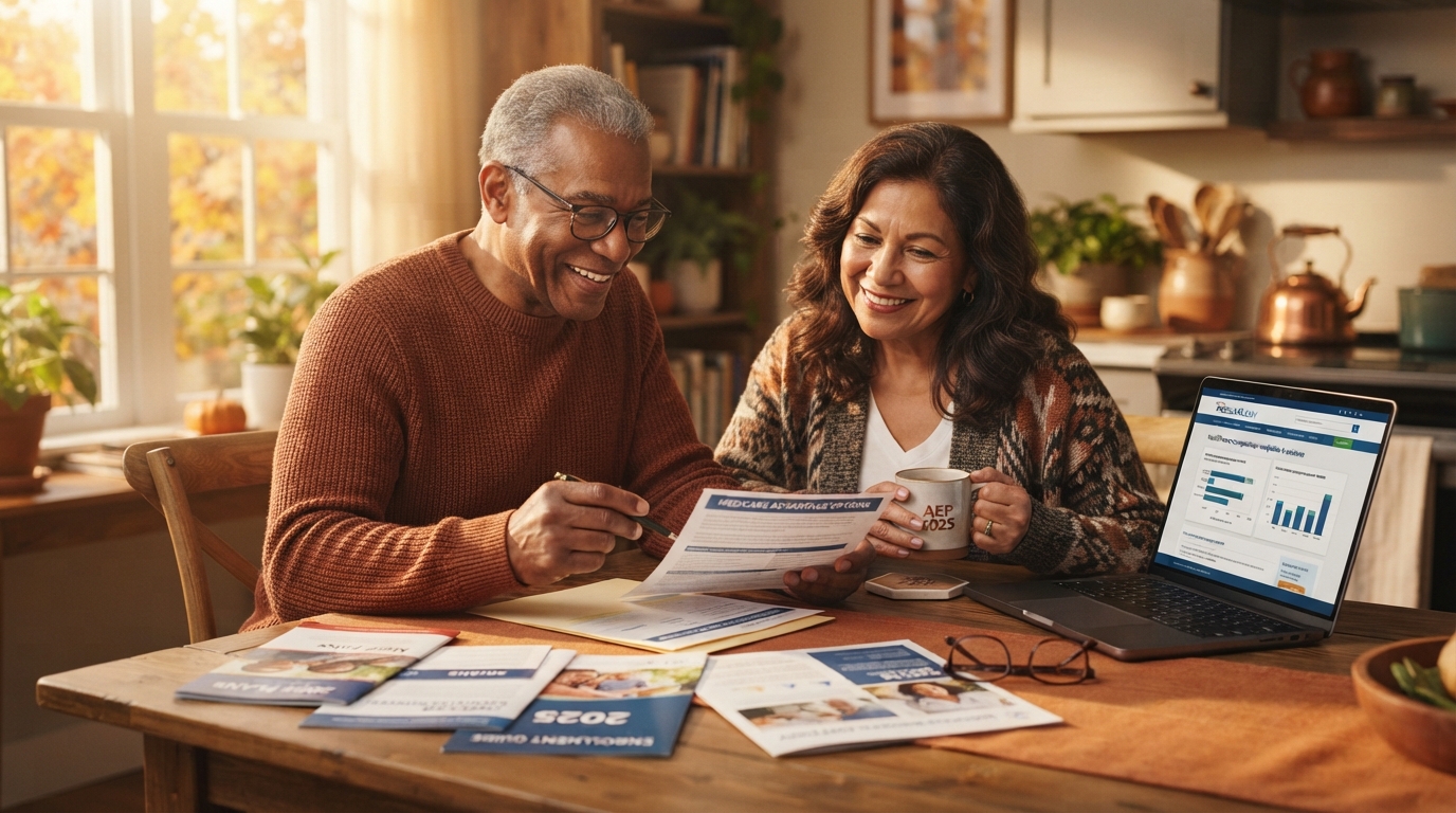 Senior couple reviewing Medicare plans during Annual Enrollment Period
