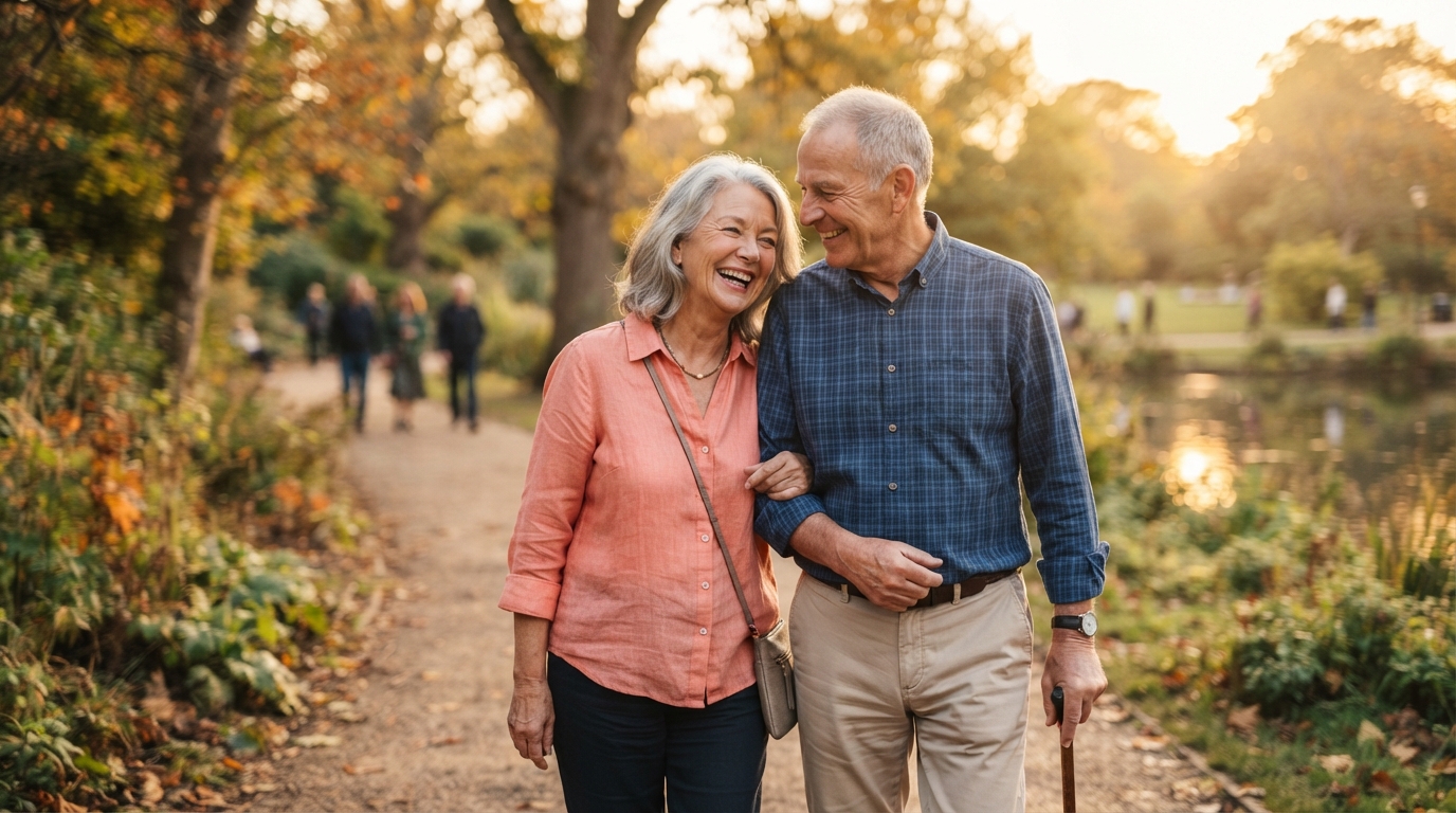 Happy senior couple enjoying a sunny day outdoors together