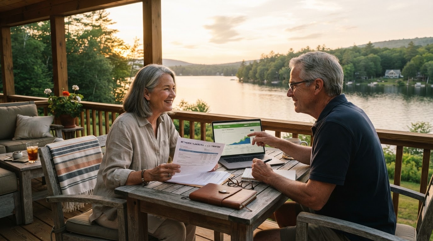 A couple in their early 60s relaxing on a sunny porch, reviewing their retirement finances together