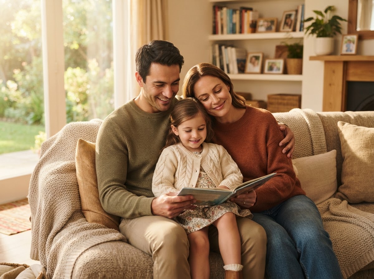 A happy family at home, representing life insurance and financial protection