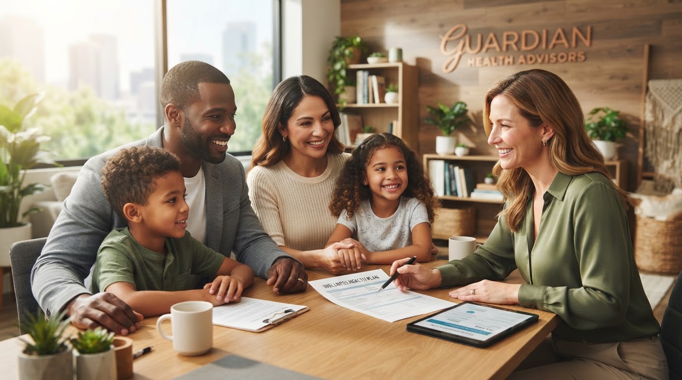 A Health Plus One agent reviewing insurance options with a happy family