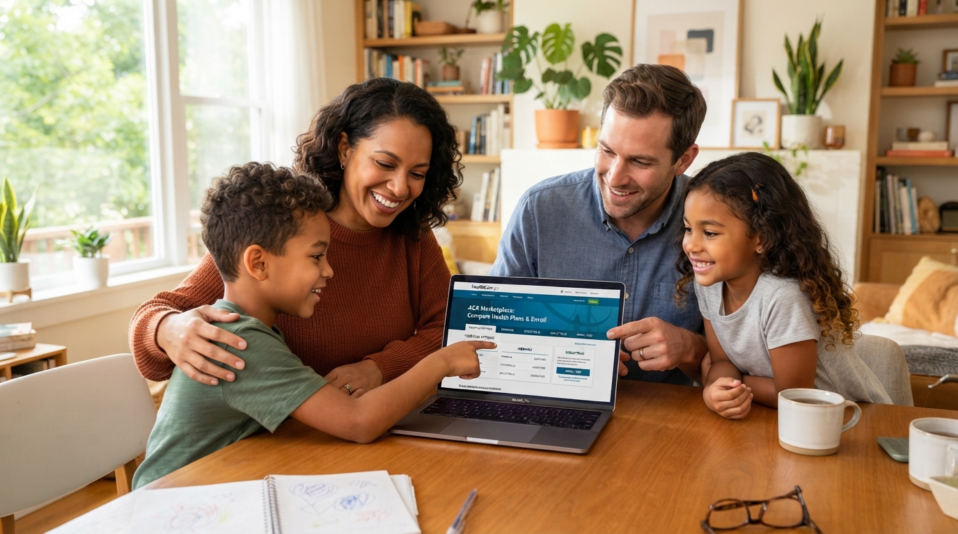 Family reviewing ACA health insurance options