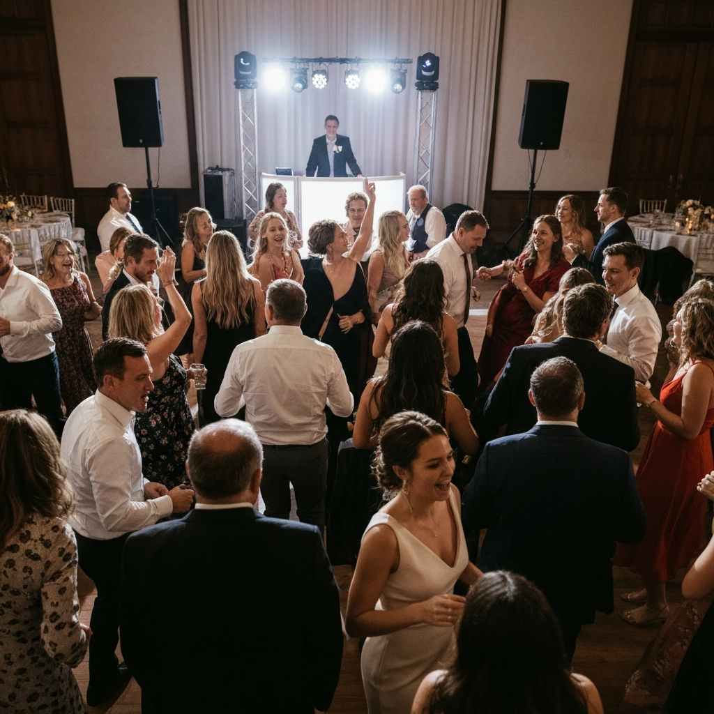 High-energy wedding reception with a packed dance floor and elegant lighting