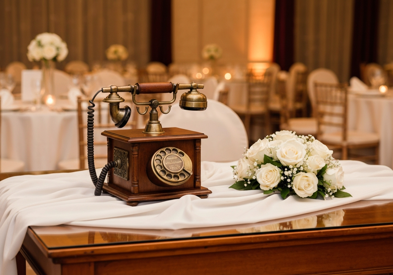 Vintage telephone audio guestbook on an elegant table at a wedding reception