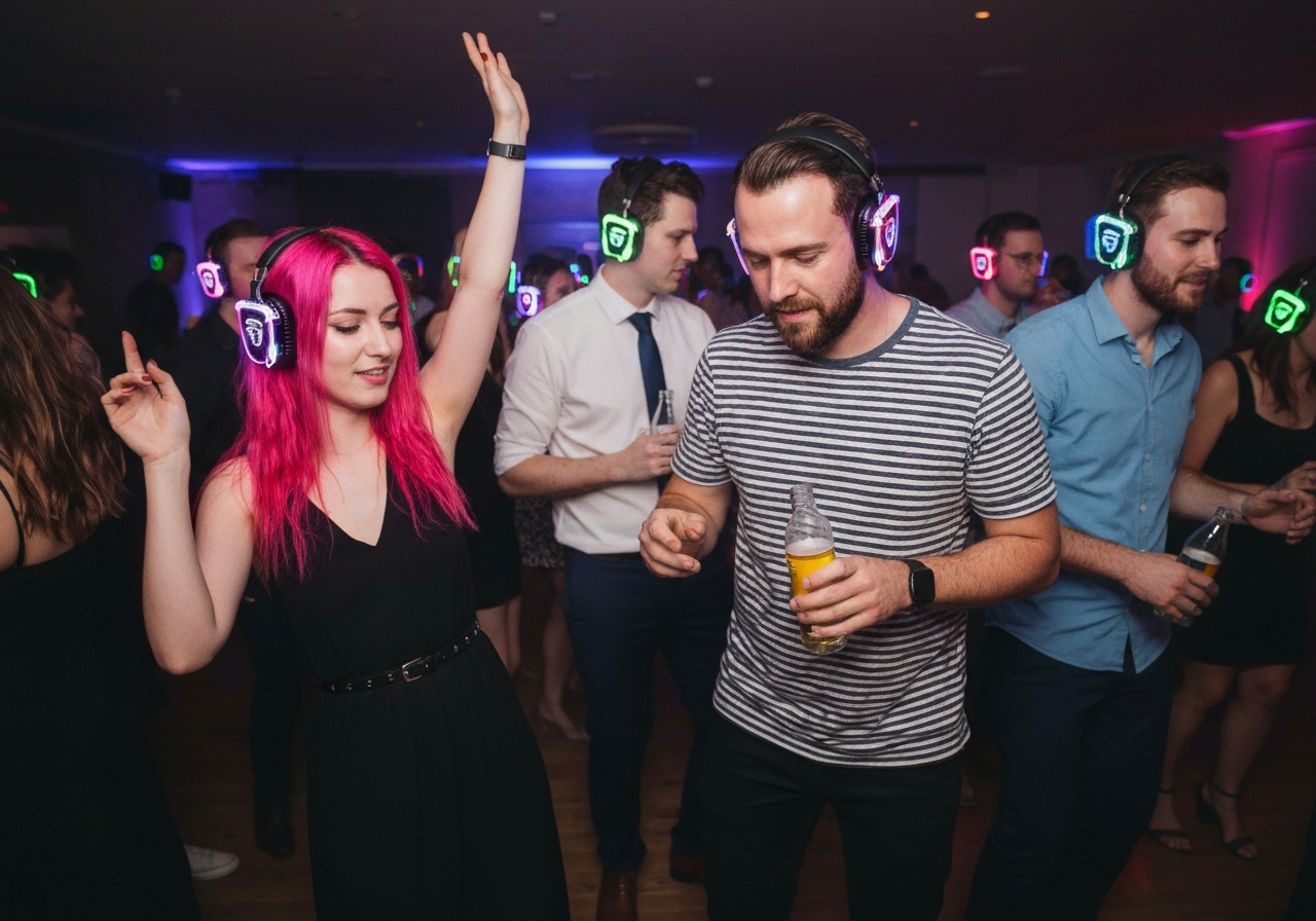 Guests wearing glowing headphones dancing at a silent disco party