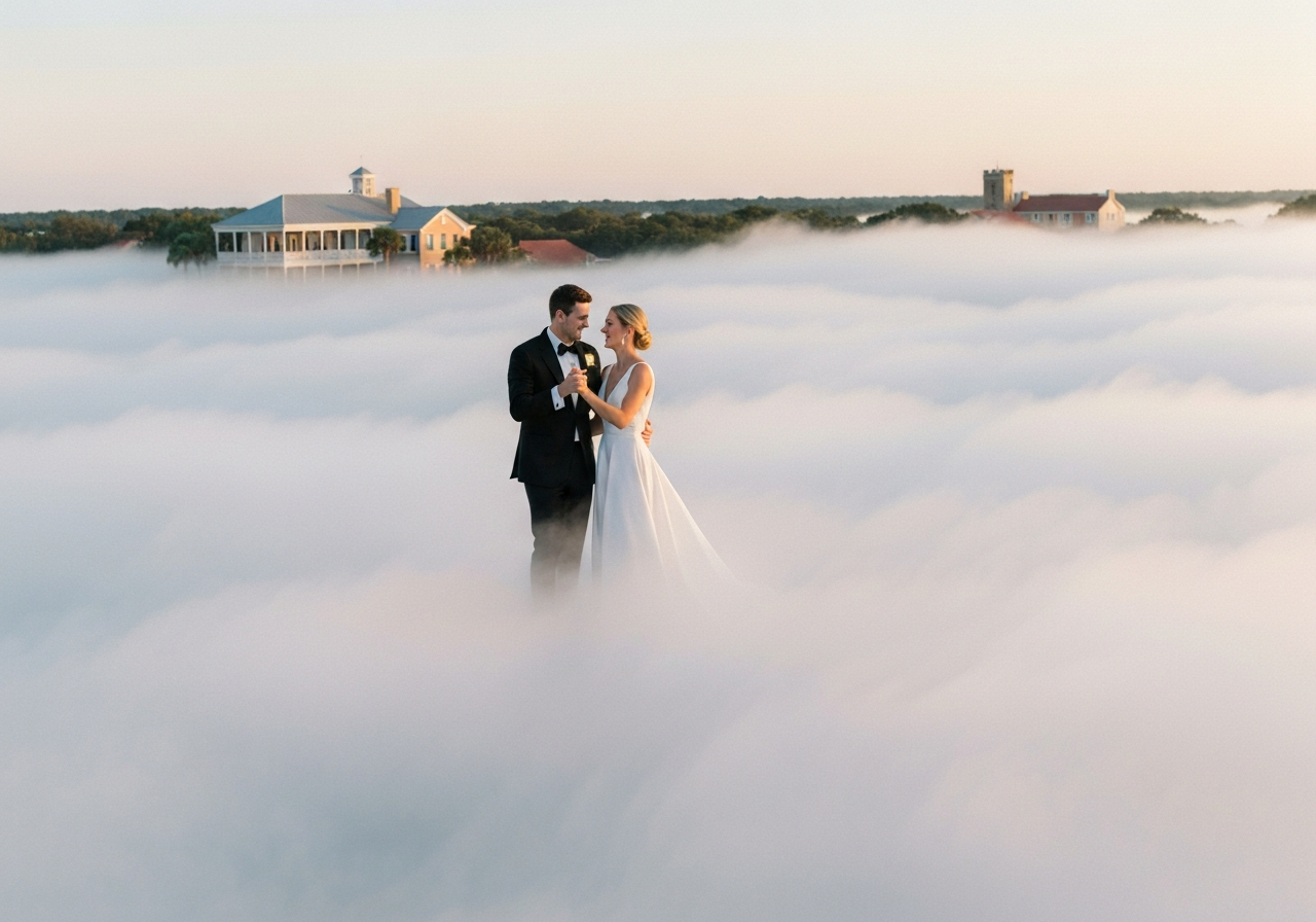 Beautiful couple having their first dance on a magical low-lying fog cloud at a St. Augustine wedding