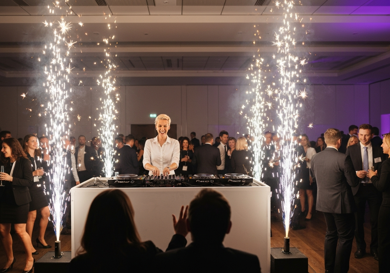 Spectacular safe indoor cold spark fountains going off behind a DJ booth at a high-energy corporate party