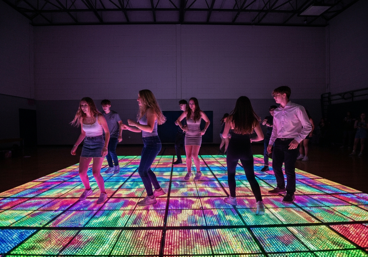 Vibrant LED dance floor glowing with colorful patterns at a lively school dance