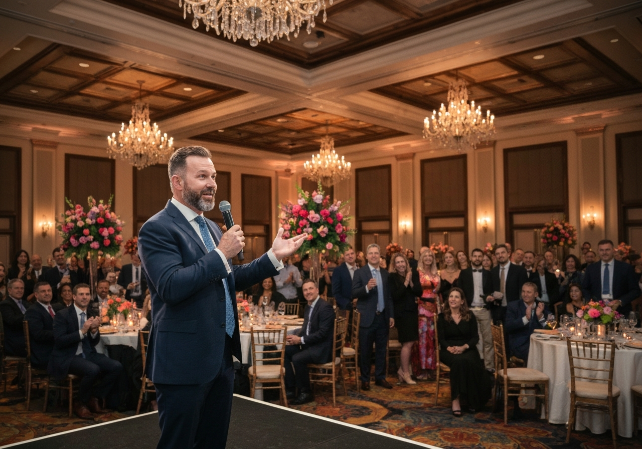 Professional event host engaging a crowd at a corporate gala in Central Florida