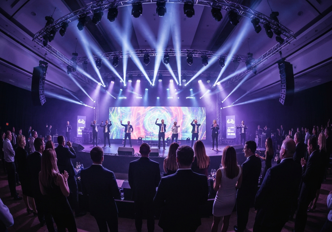 High-energy corporate event production with intelligent moving head lights and a massive sound system