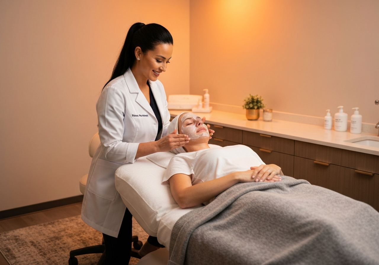 Esthetician helping a patient with a facial