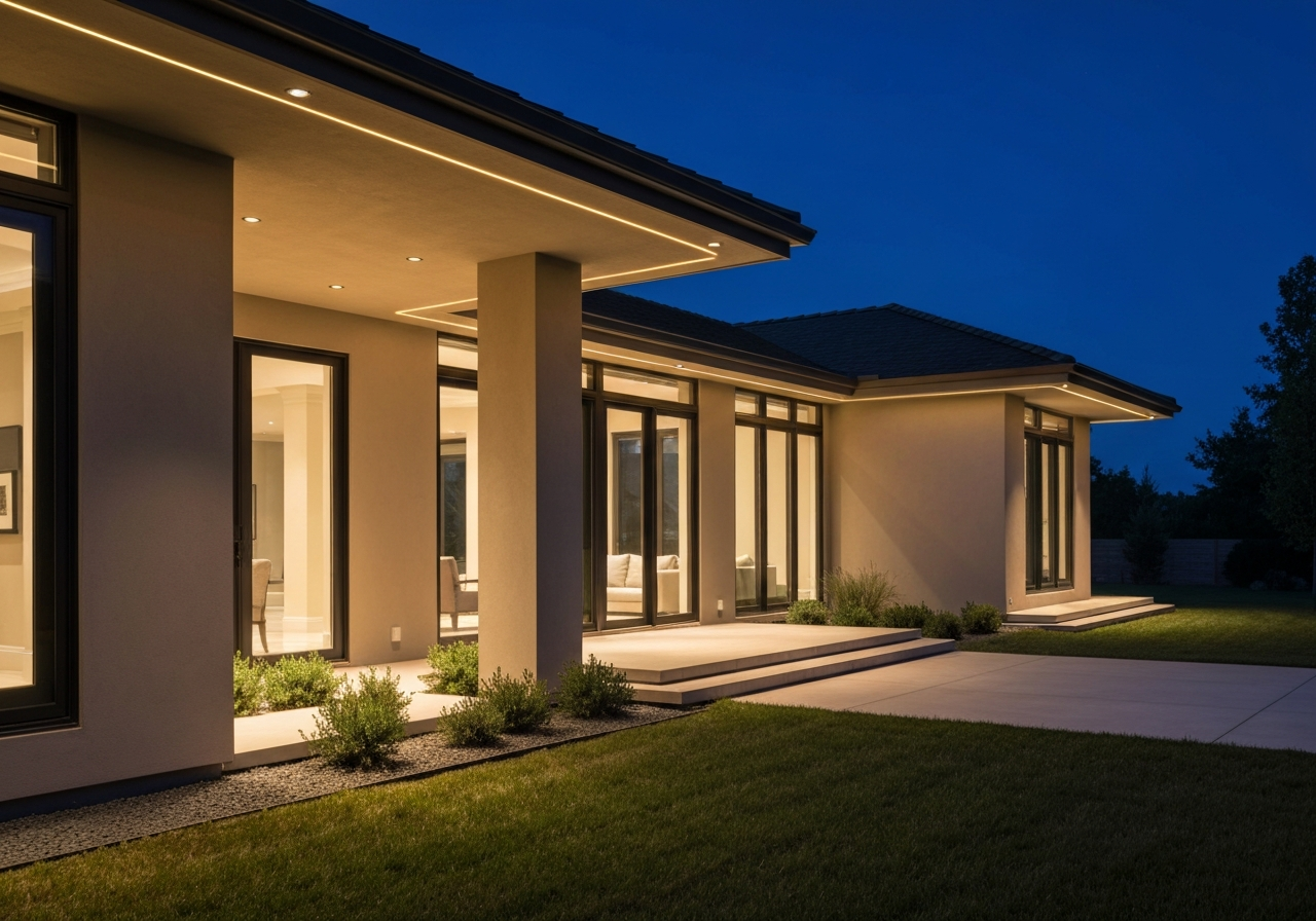 Luxury home exterior at night with elegant architectural lighting