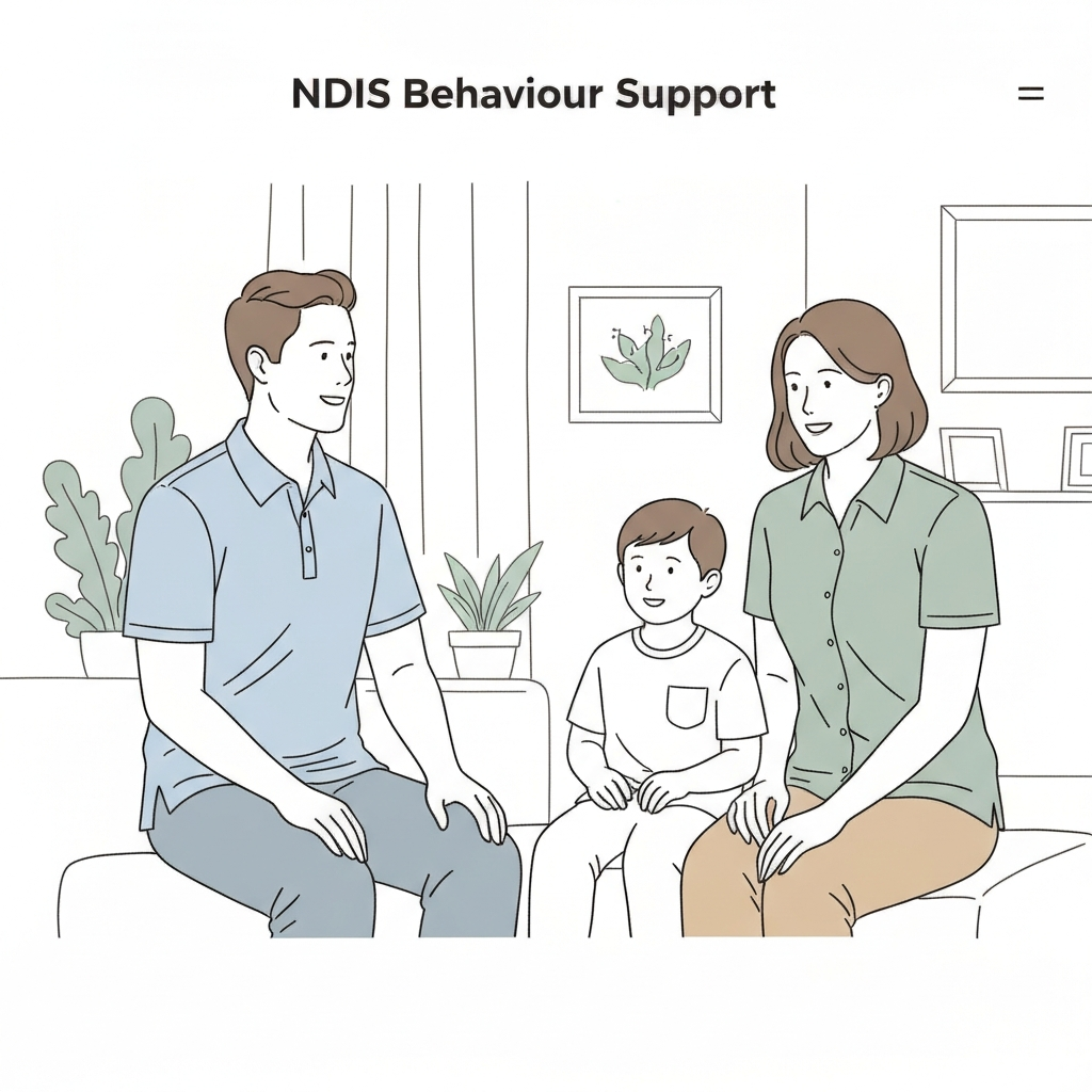 Illustration of a male and female practitioner during a behaviour support session, no medical equipment