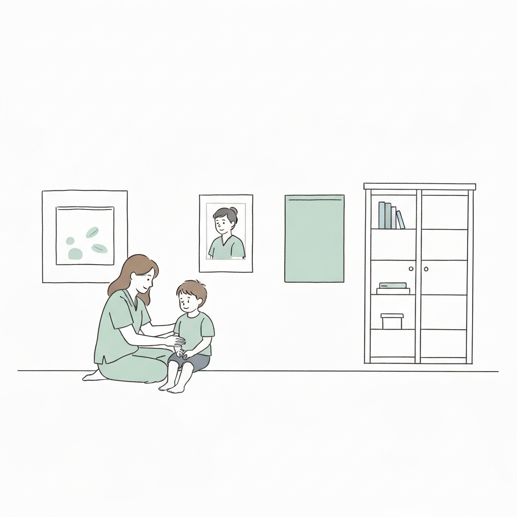 Hand-drawn illustration of a practitioner supporting a child