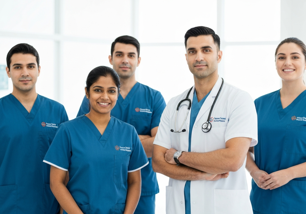 Healthcare professionals in consistent branded apparel