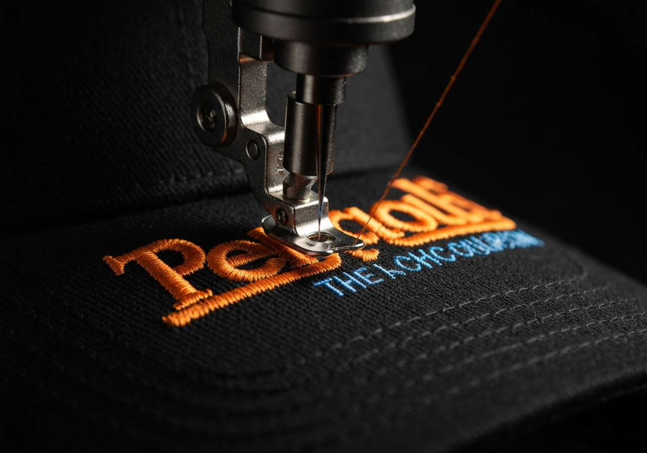 Embroidery machine stitching a custom logo on a baseball cap