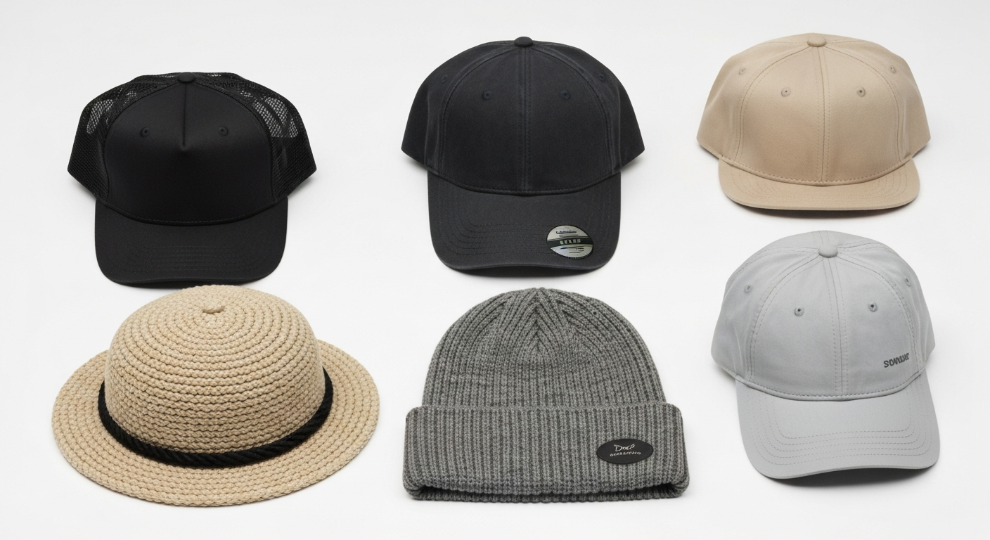 Flat lay of various custom branded hat styles