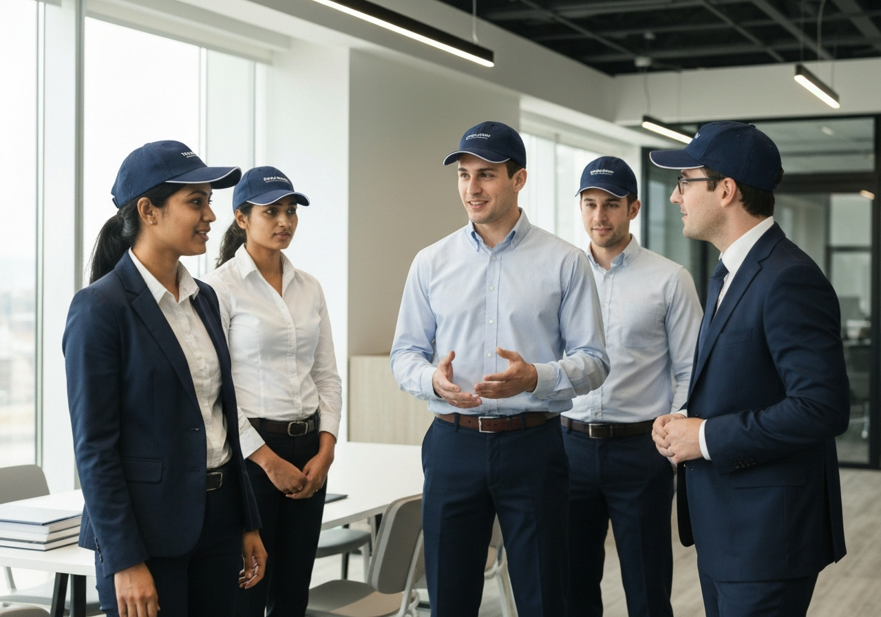 Corporate team wearing matching custom branded headwear