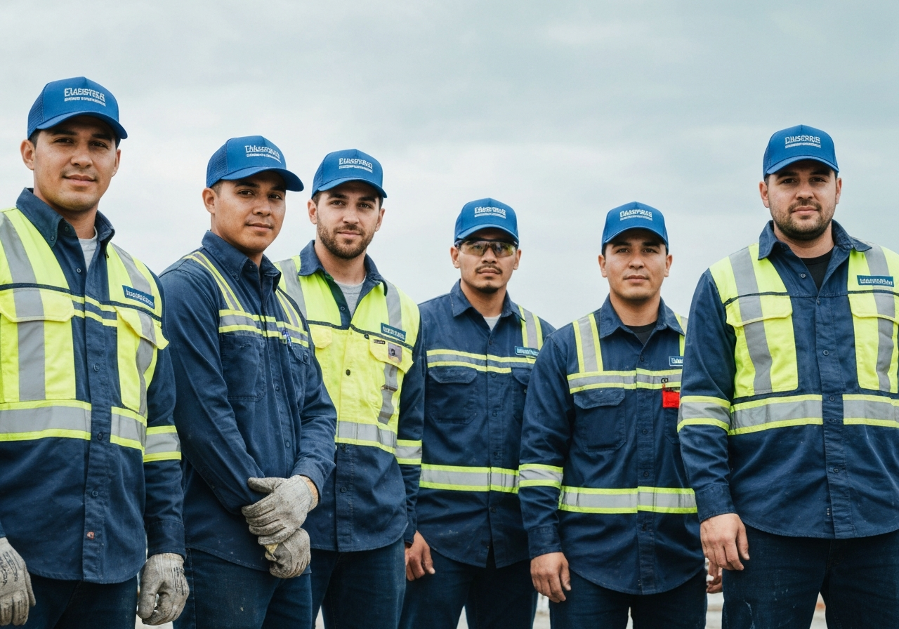 Workers wearing matching custom branded headwear