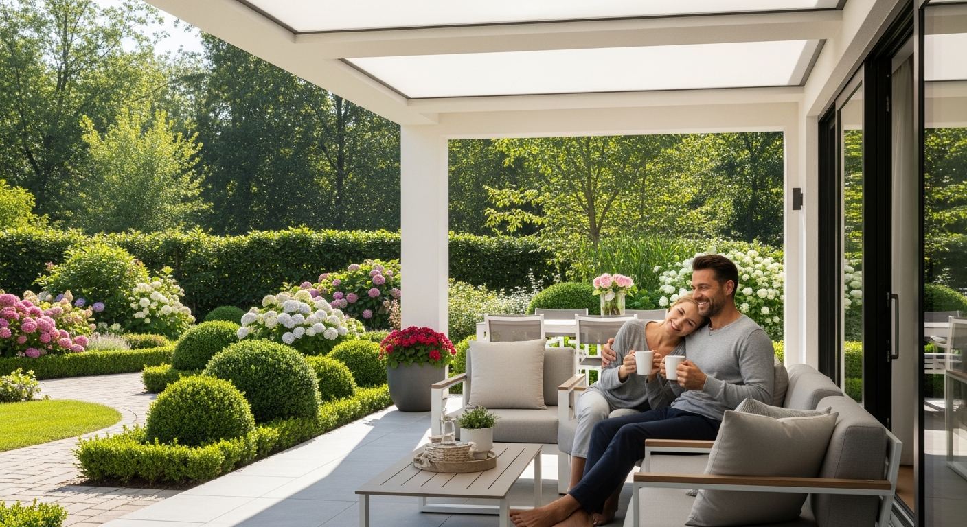 Happy couple under patio cover