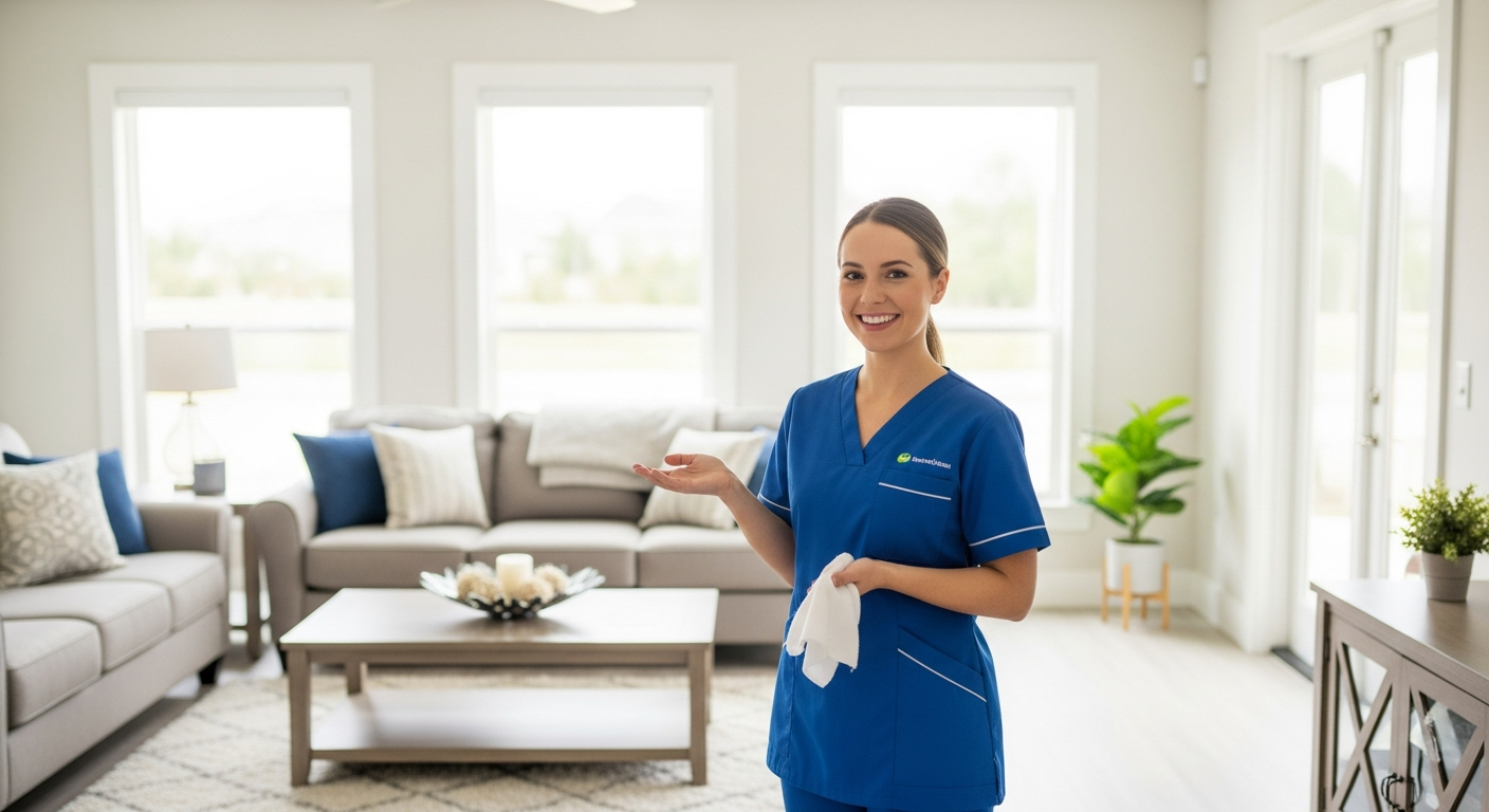 Professional cleaner in a bright, clean living room
