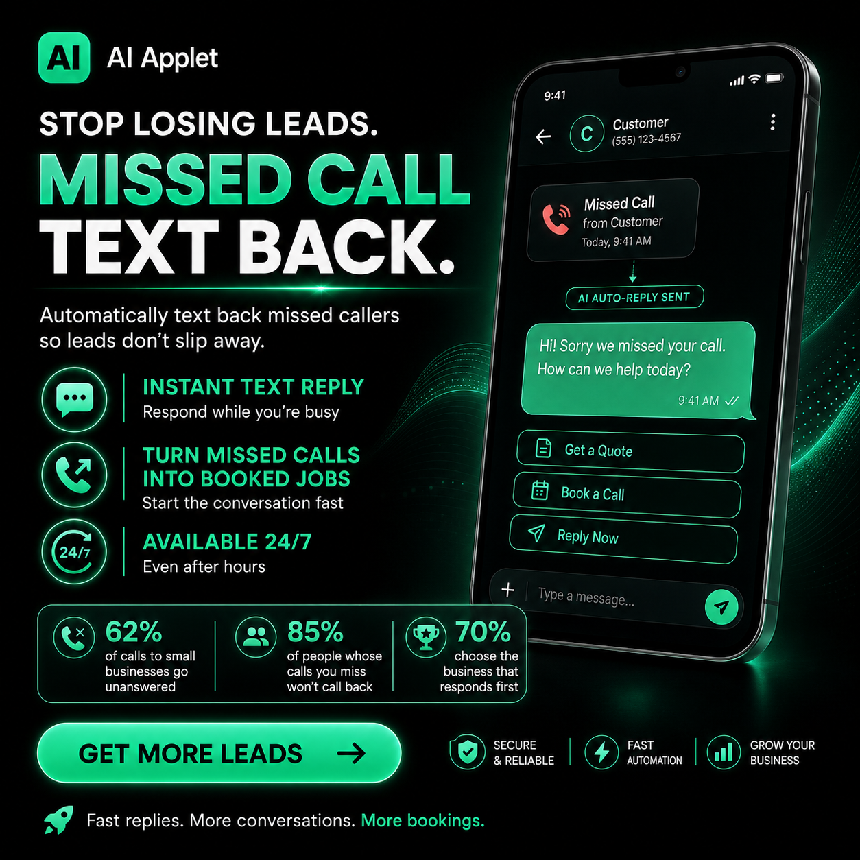 Missed Call Text Back - Automatically text back missed callers so leads don't slip away for trades businesses