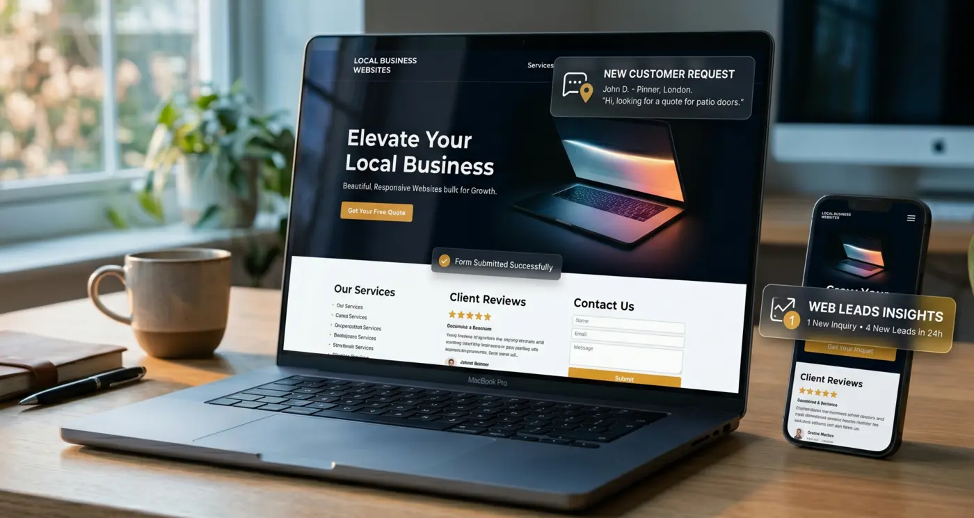 Functional Website — laptop and mobile showing a high-converting installer website with lead capture, reviews, and contact forms