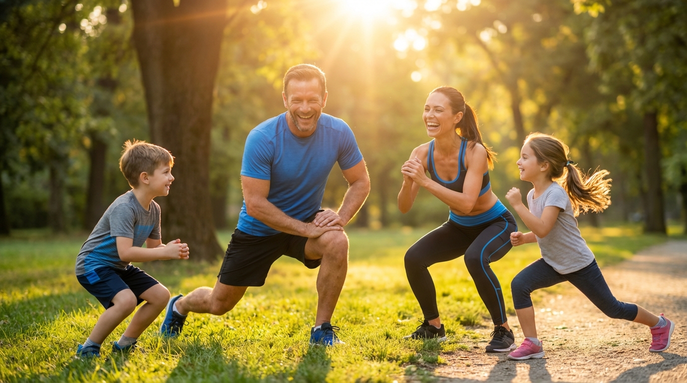 Family of 4 running in the sun